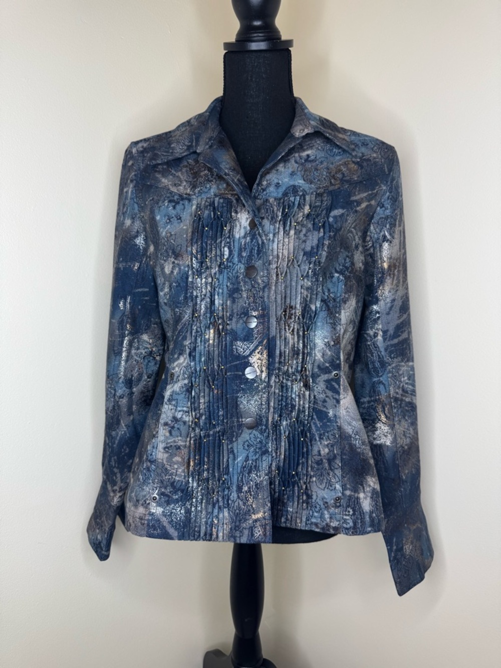 Coldwater Creek Blue Multi-Print Pintuck Button Jacket